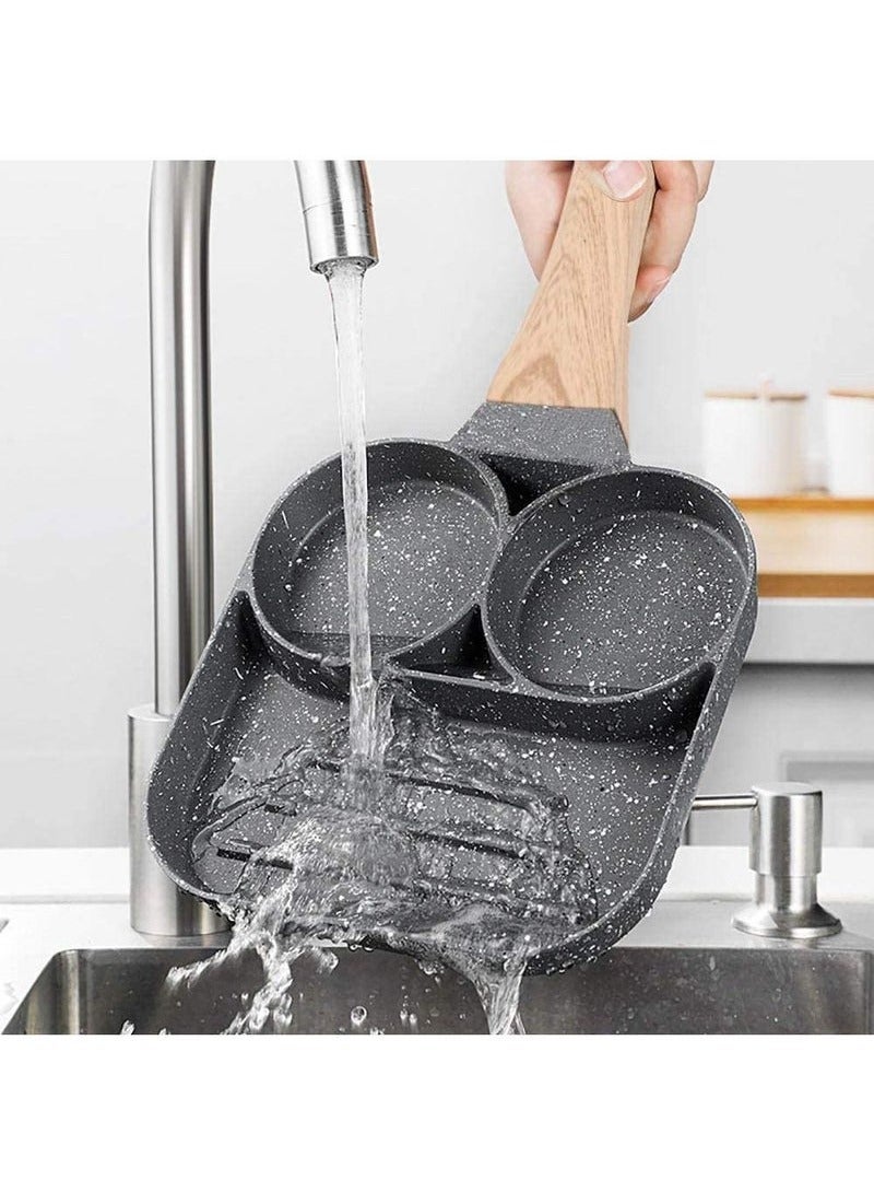 بيوينتي مقلاة ألومنيوم غير لاصقة ثلاثية الحجرات مع مقبضين خشبيين، ثنائية الوظيفة لتحضير أومليت اللحم والبيض والكعك. - Image 5